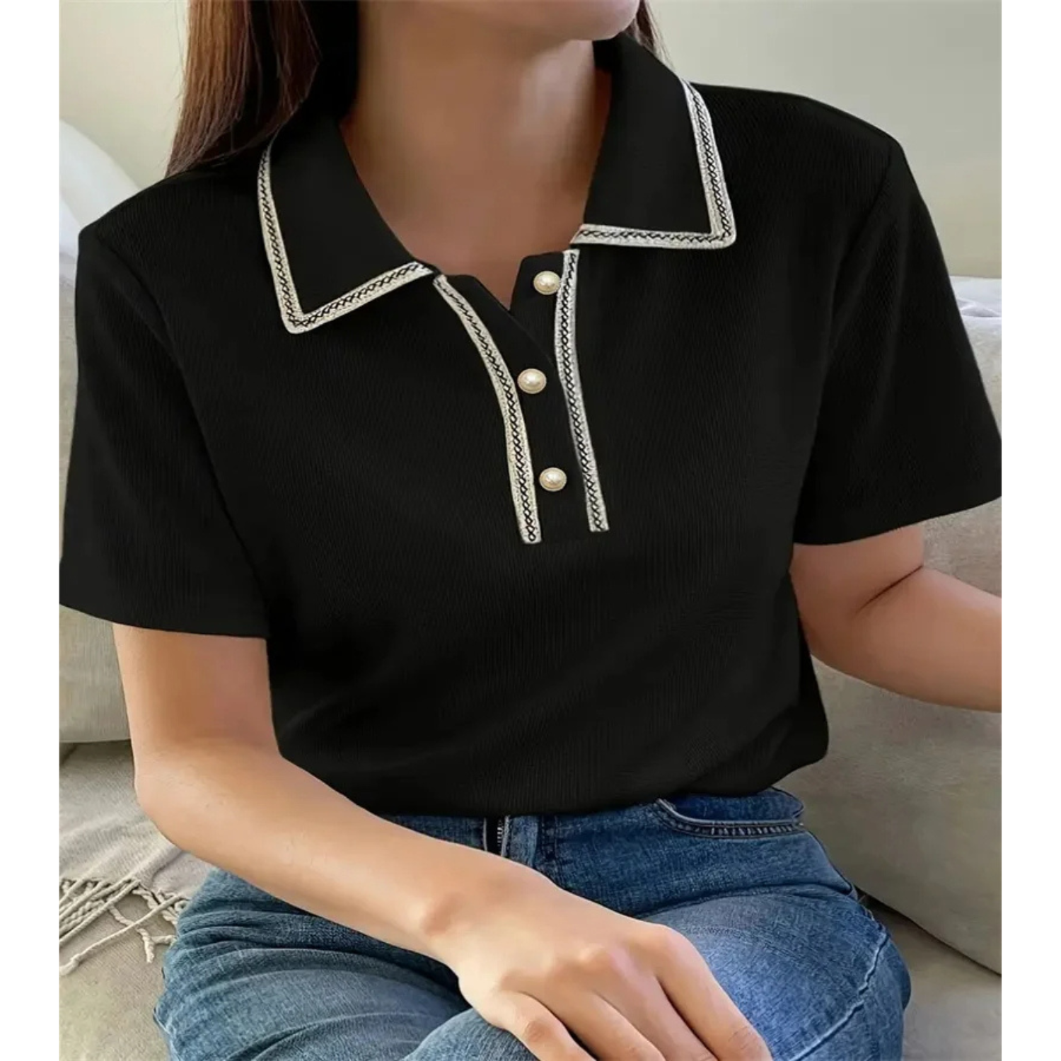 VIDA schwarz gestreiftes Damen-Poloshirt mit Knopfleiste