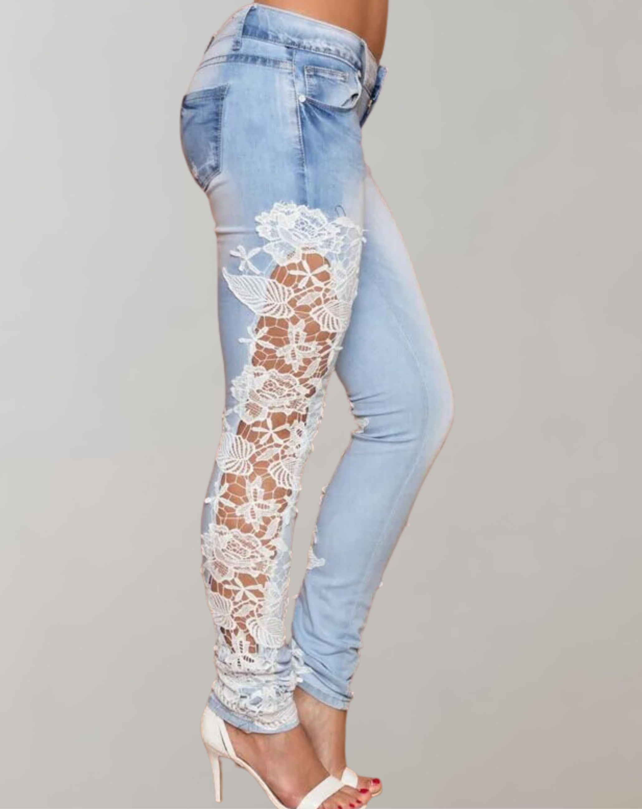 Liliana | Stretch-Denimhose mit floralen Spitzeneinsätzen für Frauen