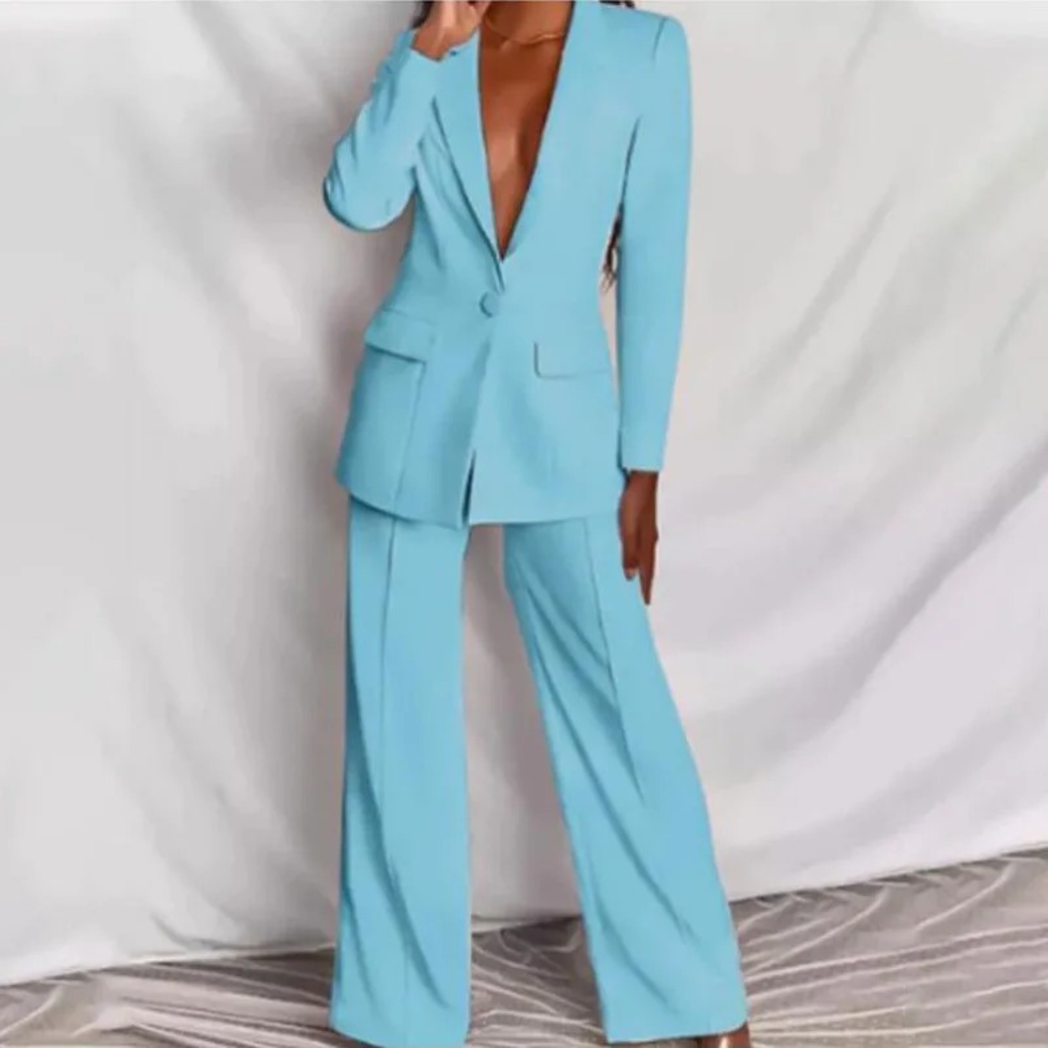 VIDA Langärmeliger Blazer und Hose Set mit V-Ausschnitt und Knopfleiste