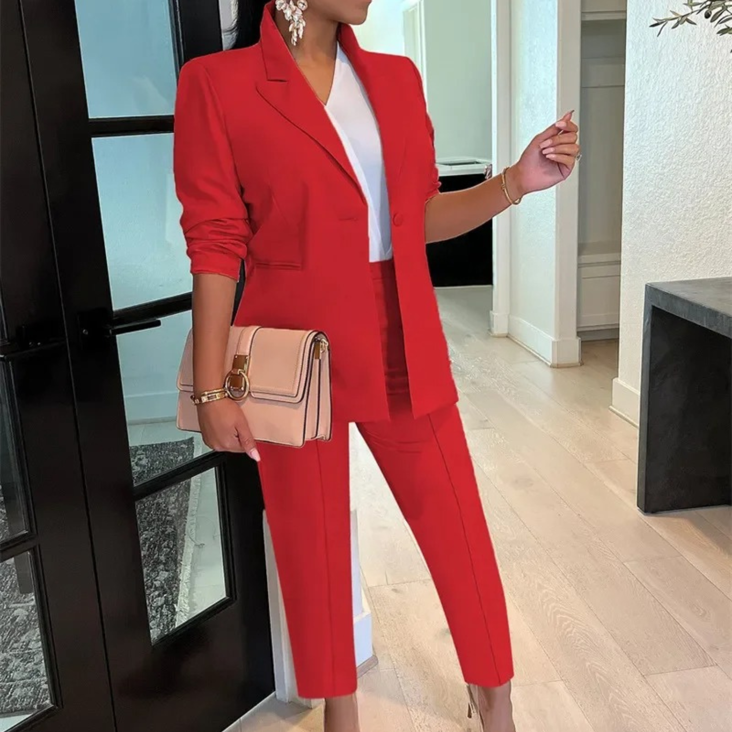 VIDA Reverskragen Einknopf-Blazer und Hose Set