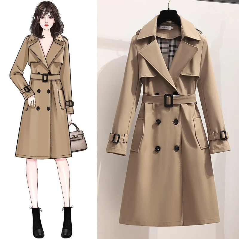 Vintola - Damen Mantel Langer Trenchcoat, Doppelreihig, Mit Gürtel und Taschen