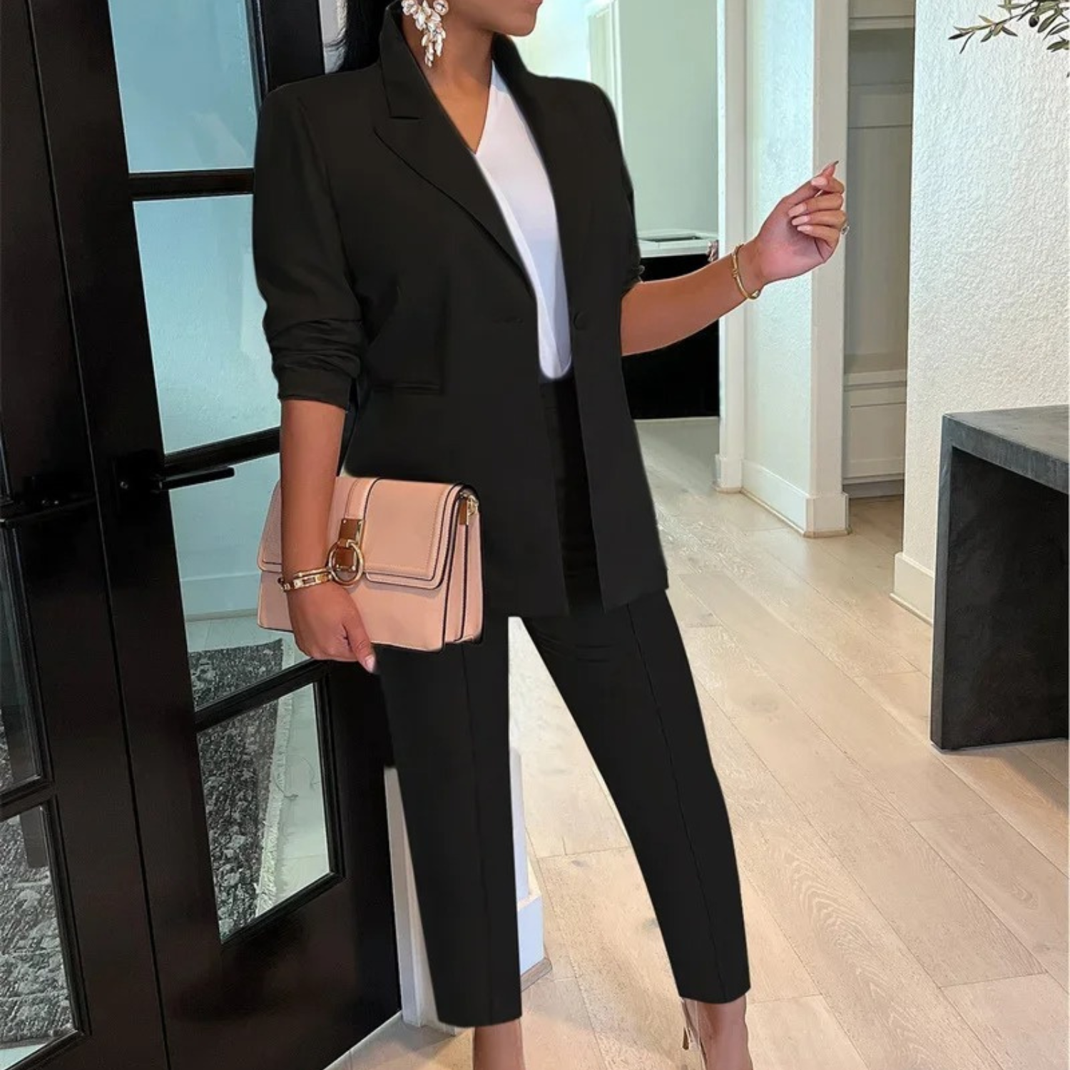 VIDA Reverskragen Einknopf-Blazer und Hose Set