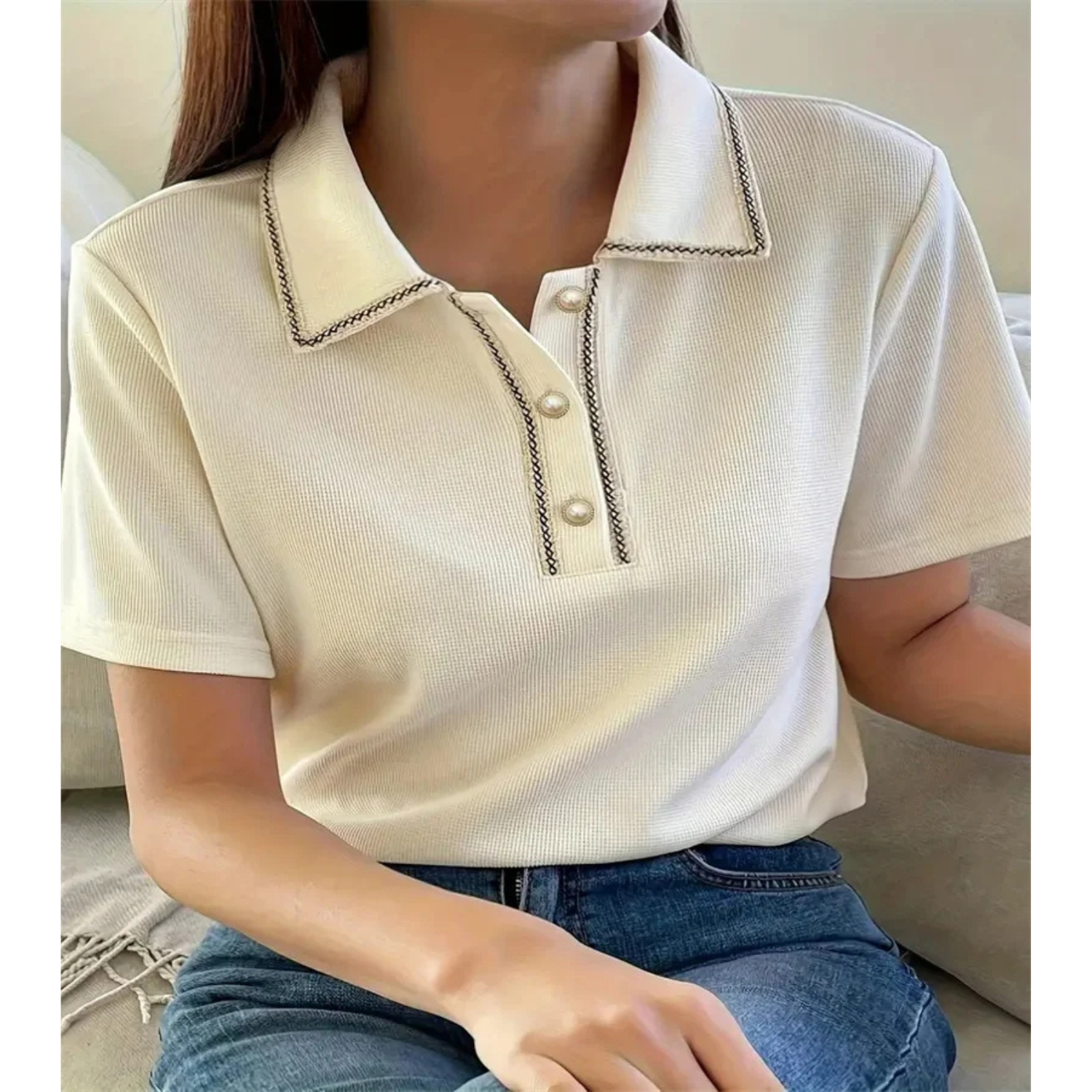 VIDA schwarz gestreiftes Damen-Poloshirt mit Knopfleiste