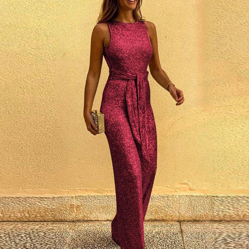 Aurelia | Glitzer Jumpsuit mit Eleganten Rückendekolleté und Vielseitigem Gürtel für Damen