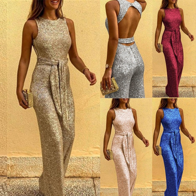 Aurelia | Glitzer Jumpsuit mit Eleganten Rückendekolleté und Vielseitigem Gürtel für Damen