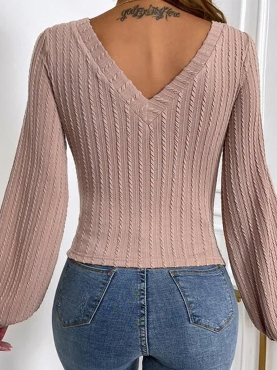 Aurora | Strickoberteil mit elegantem V-Ausschnitt und langem Arm für Damen