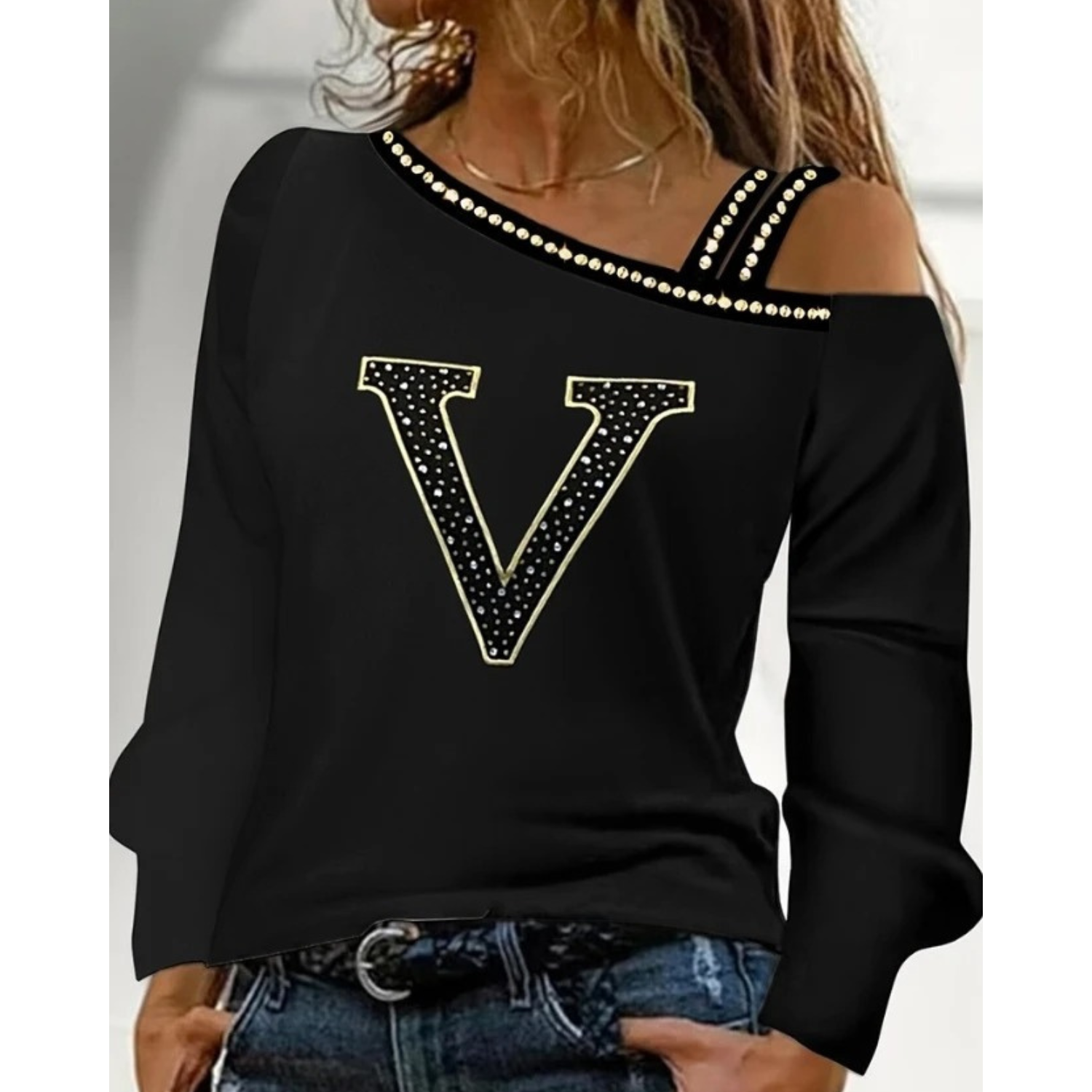 VIDA Strass Buchstabenprint mit Fleece Damen Blusen