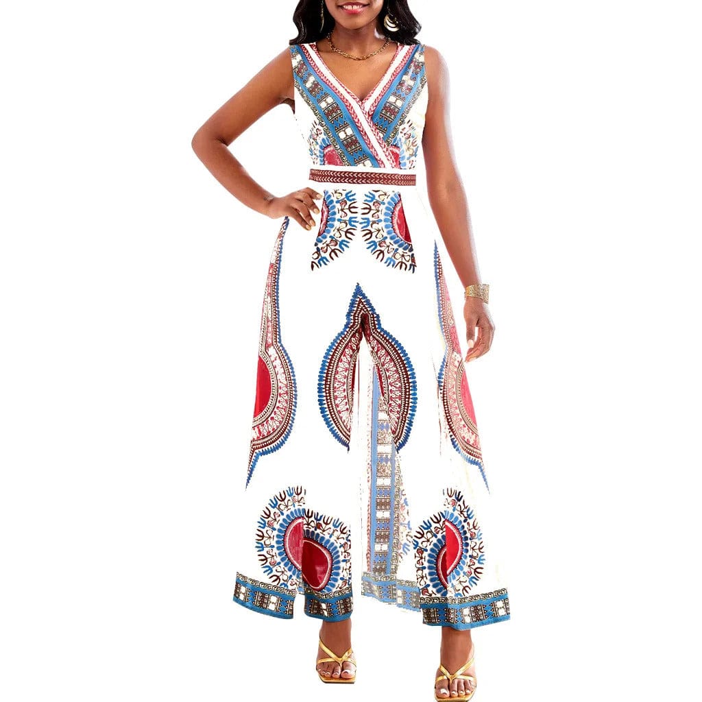 Zahara | Jumpsuit mit elegantem Dashiki-Druck und verführerischem V-Ausschnitt für Damen