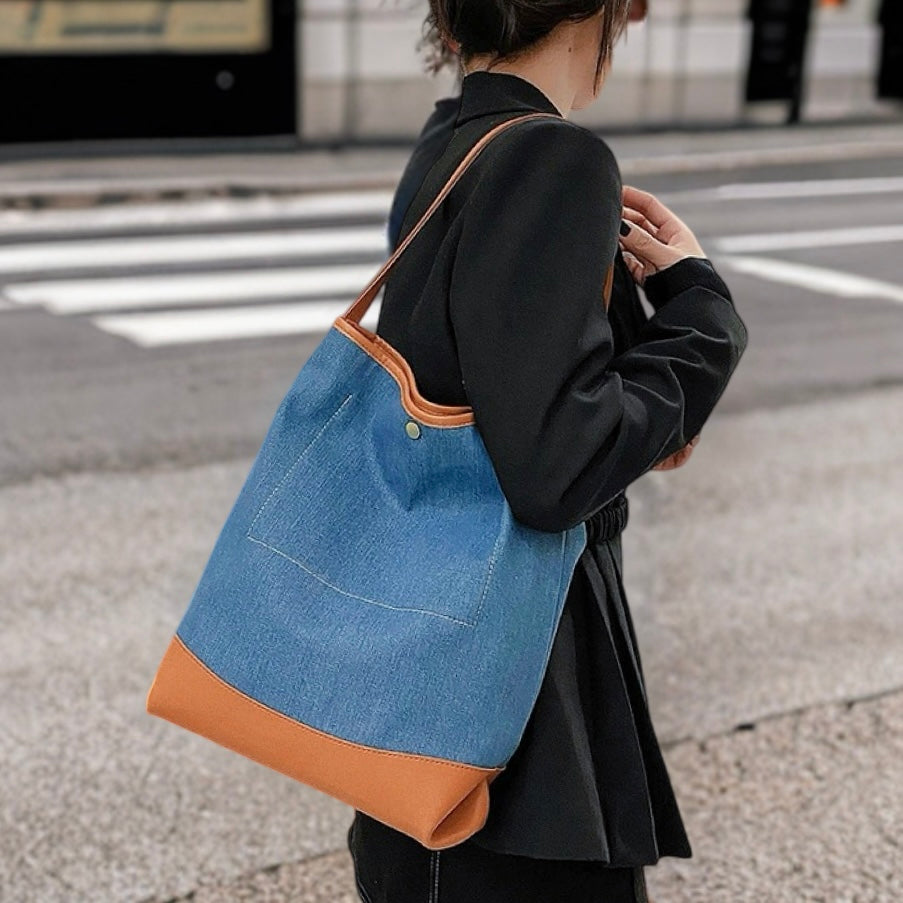 Livia | Bucket Bag aus Denim mit Stilvollem Patchwork-Look für Frauen